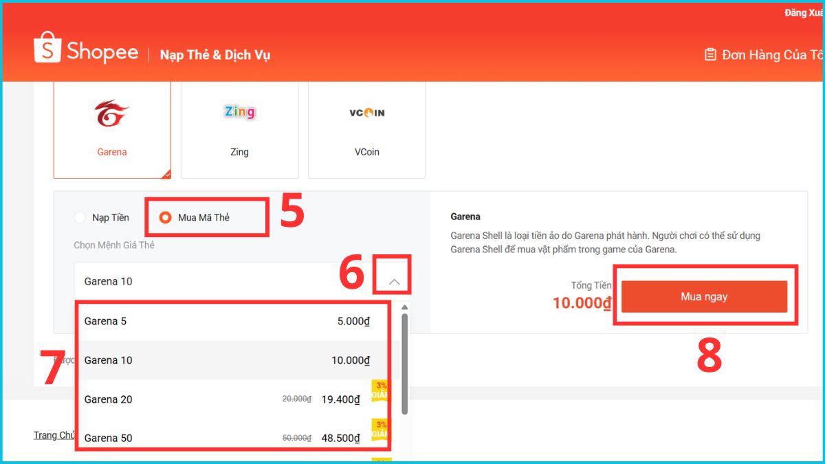 Cách mua thẻ Garena trực tiếp trên website Shopee.vn - bước 5.6.7.8