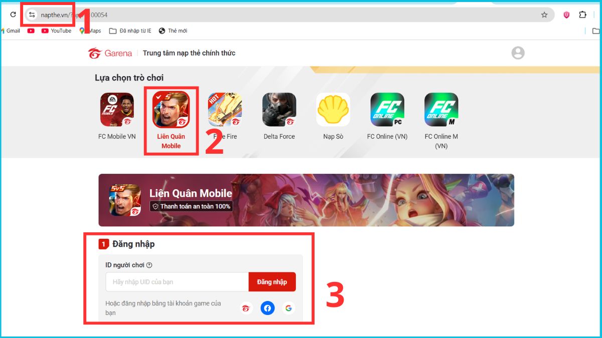 Cách nạp thẻ Garena qua Napthe.vn ShopeePay - bước 1,2,3