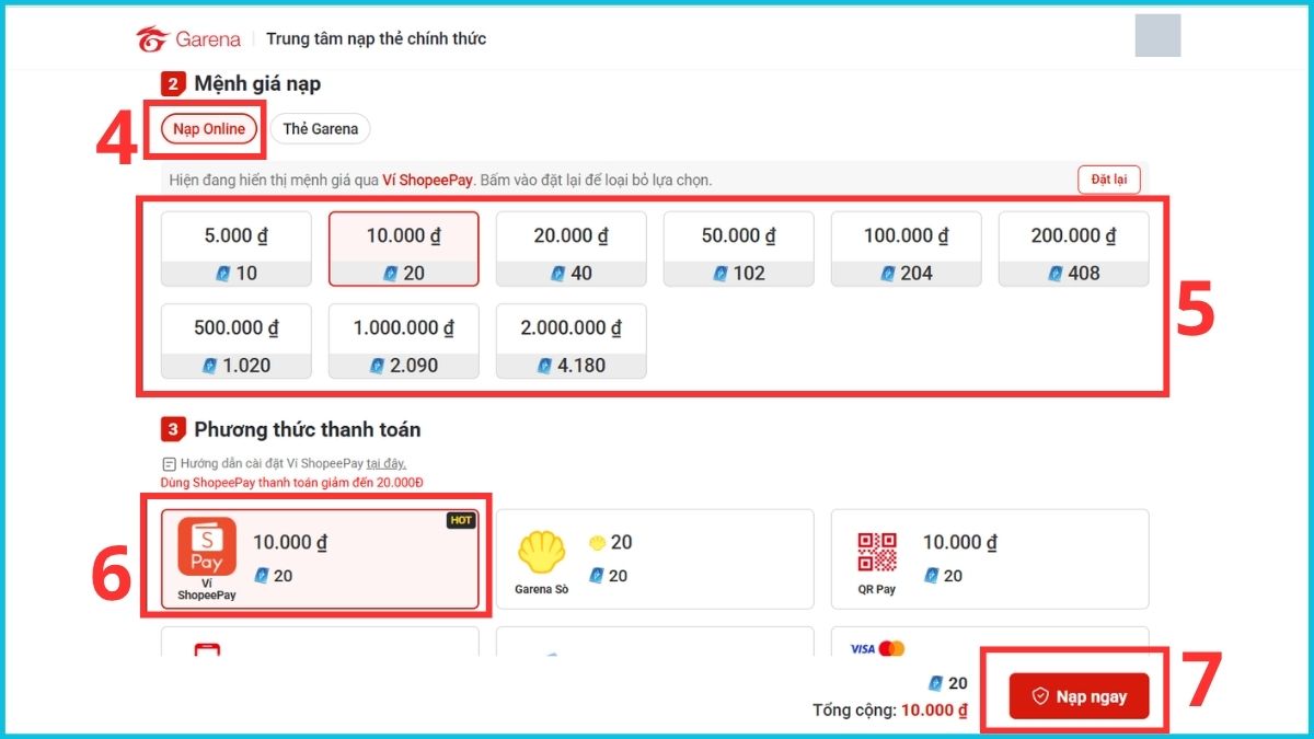 Cách nạp thẻ Garena qua Napthe.vn ShopeePay - bước 4,5,6,7