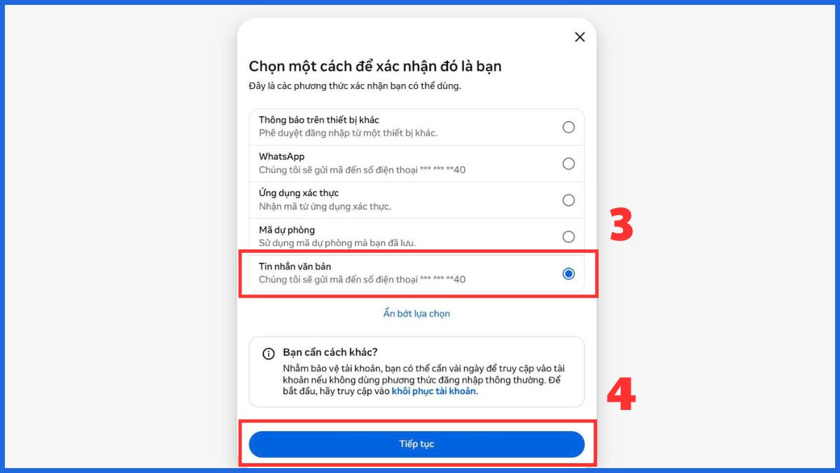 Cách phê duyệt đăng nhập Facebook trên thiết bị khác qua tin nhắn sms hoặc email - bước 3