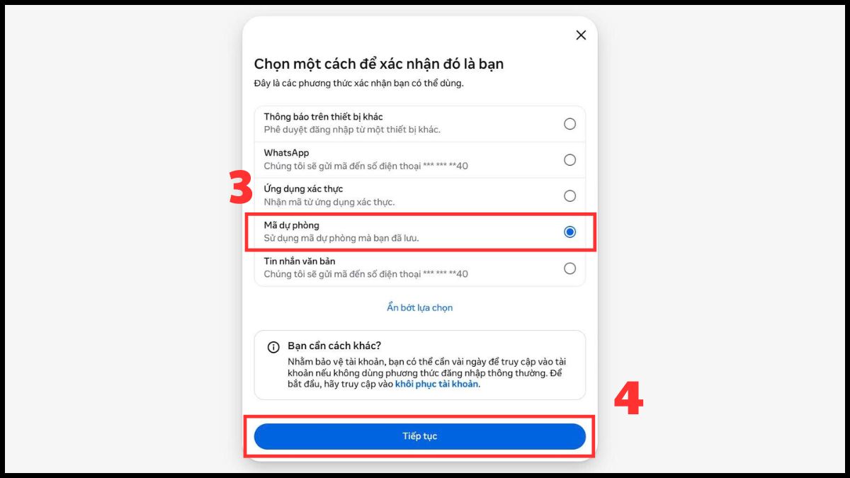 Cách phê duyệt đăng nhập Facebook trên thiết bị khác qua mã khôi phục dự phòng - bước 3