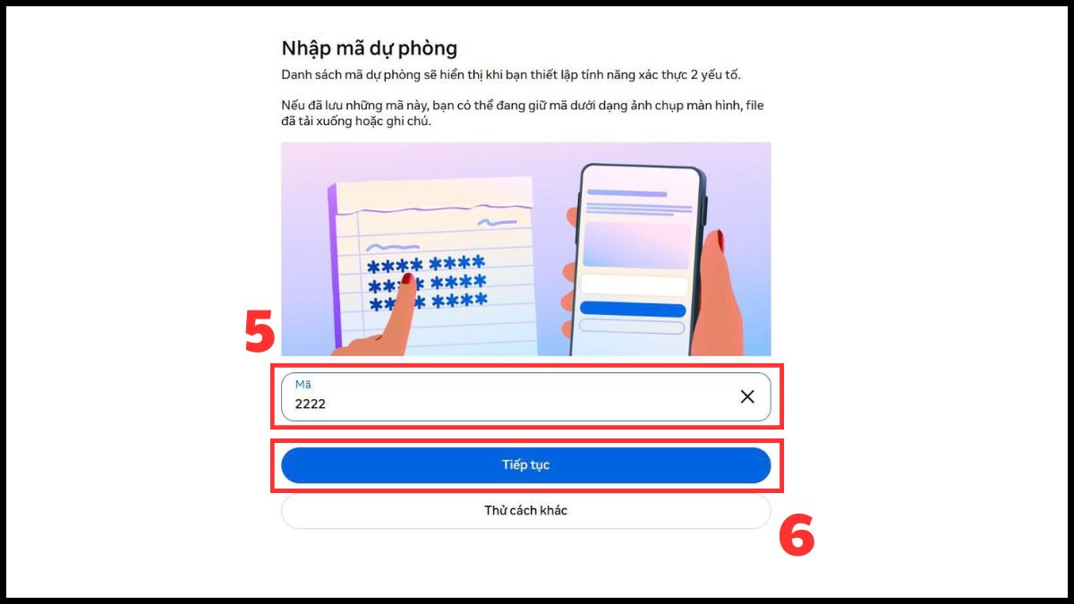 Cách phê duyệt đăng nhập Facebook trên thiết bị khác qua mã khôi phục dự phòng - bước 4