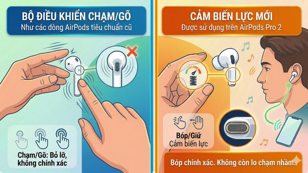 Các thao tác điều khiển cơ bản trên AirPods Pro 2 - chạm và vuốt trên thân tai nghe