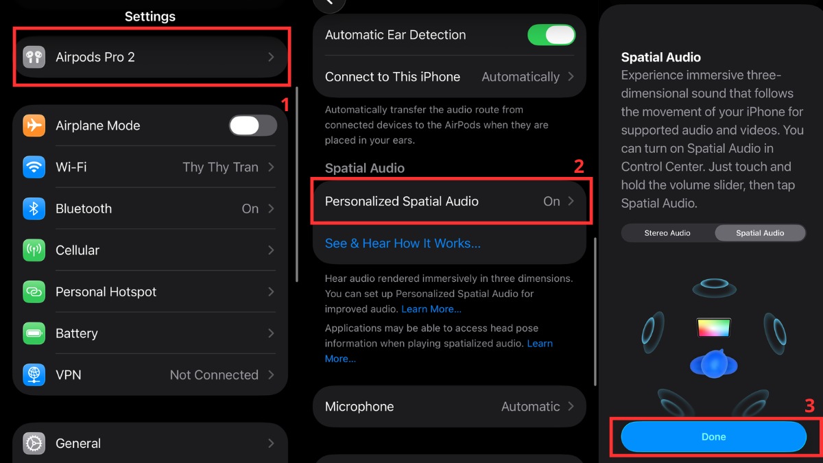 Thiết lập Spatial Audio và Personalized Spatial Audio