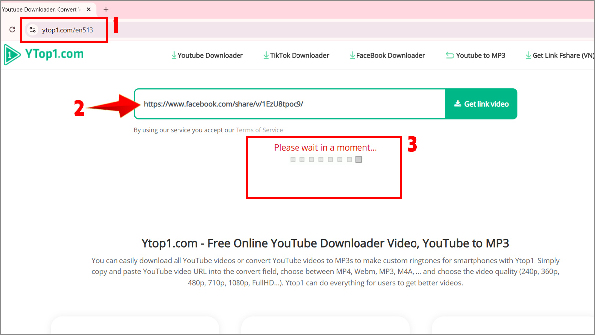 Download video Facebook trên máy tính bằng Ytop1 - bước 1,2,3