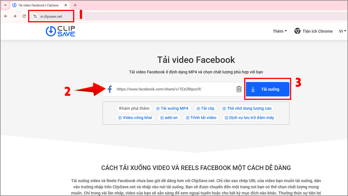 Download video Facebook trên máy tính bằng ClipSave - bước 1,2,3