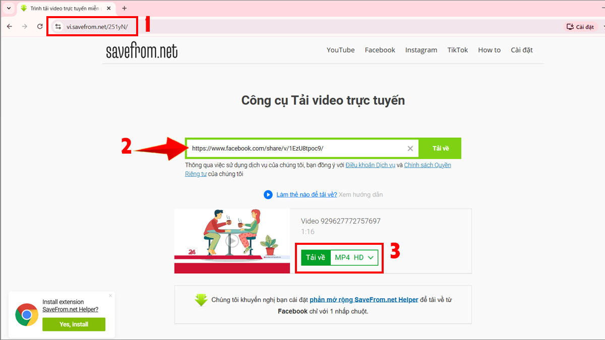Tải video Facebook PC bằng SaveFrom