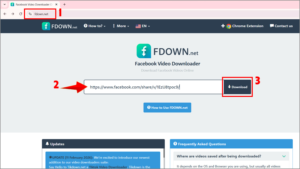 Tải video Facebook PC bằng Fbdown - bước 1,2