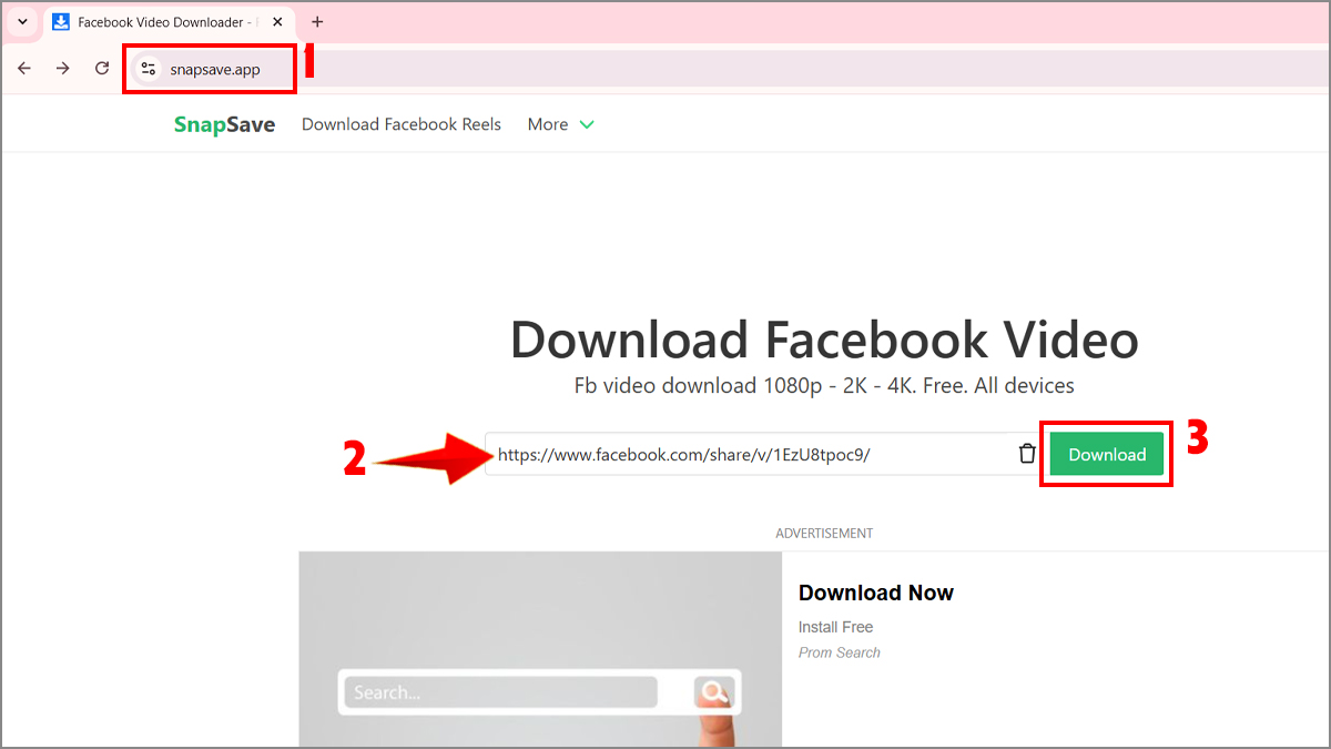 Download video Facebook trên máy tính bằng SnapSave - bước 1,2,3