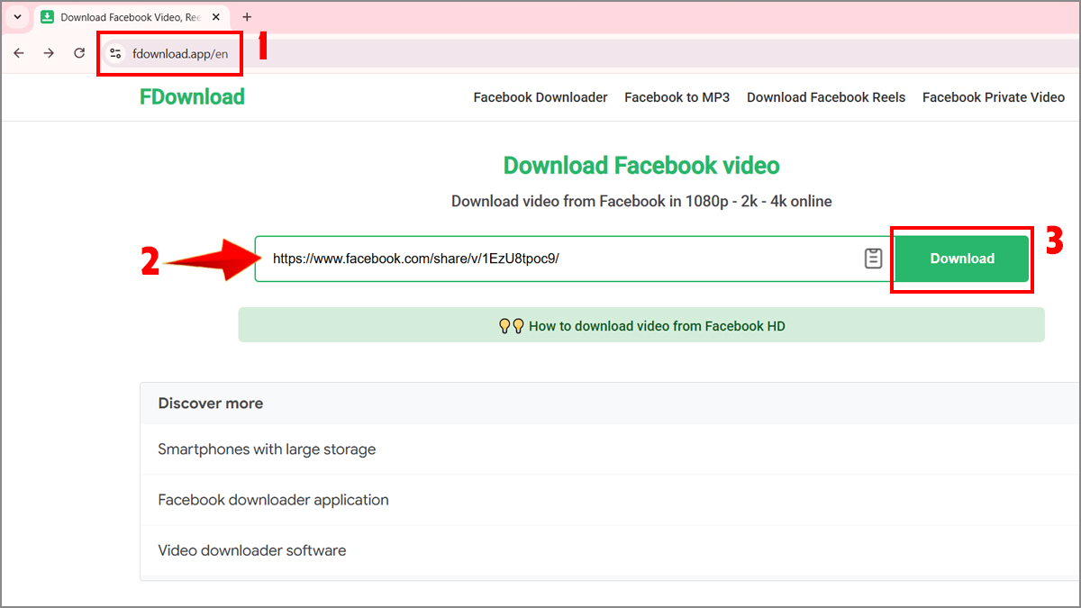 Download video Facebook trên máy tính bằng Fdownload - bước 1,2,3