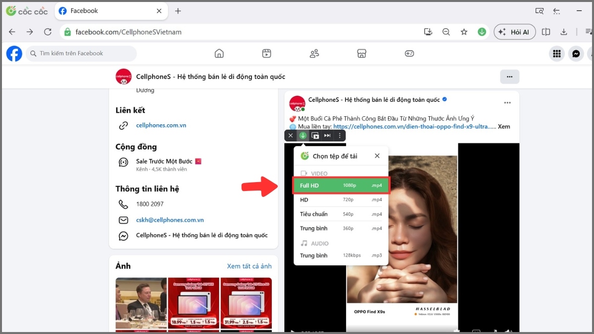 Cách tải video trên Facebook với trình duyệt Cốc Cốc trên máy tính - bước 3,4