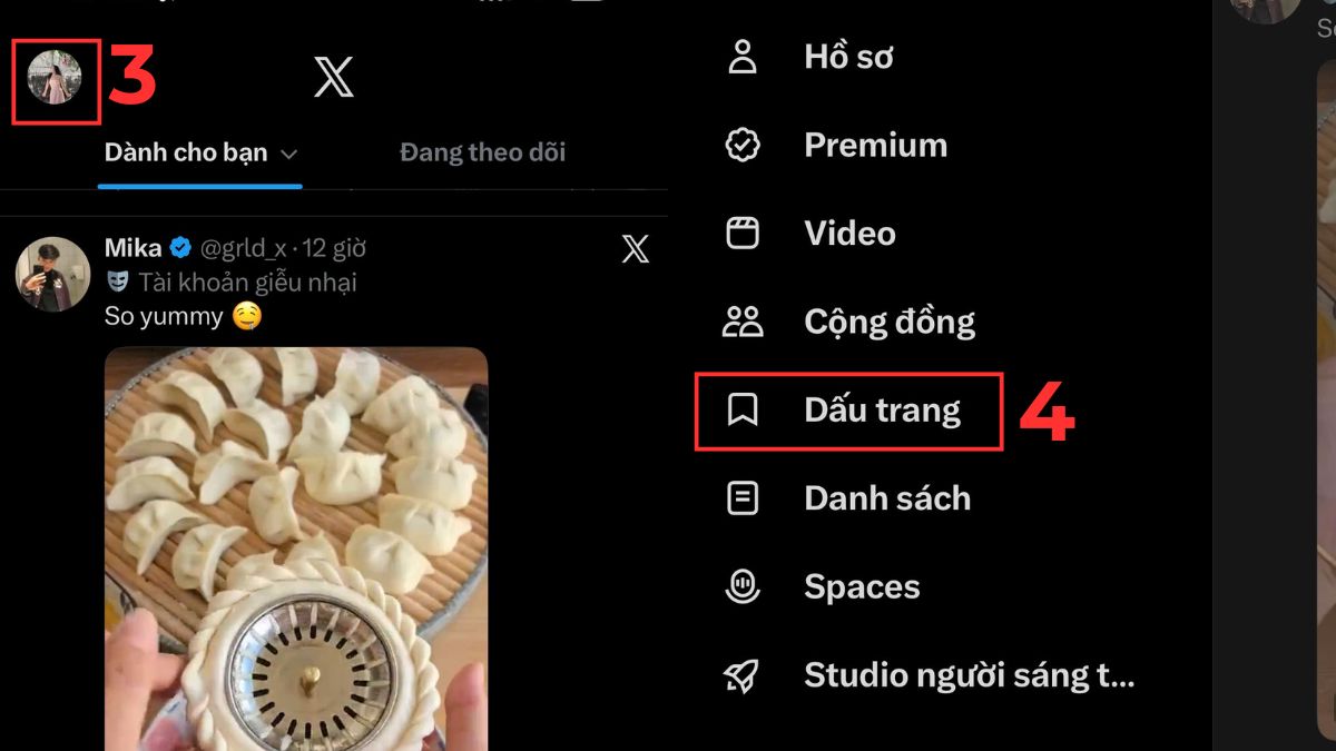 Sử dụng tính năng Bookmark/Lưu bài viết trên X - bước 3,4