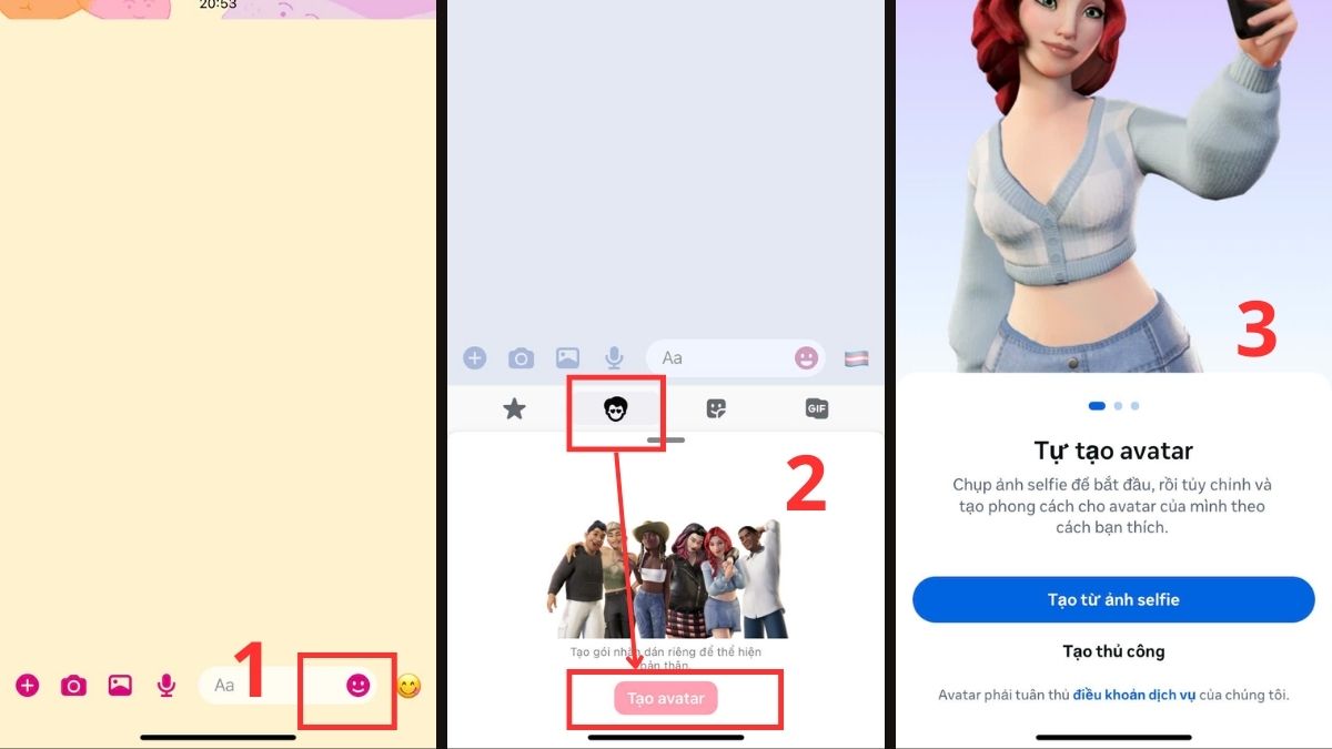 cách tạo avatar Facebook trên Messenger - bước 1,2,3