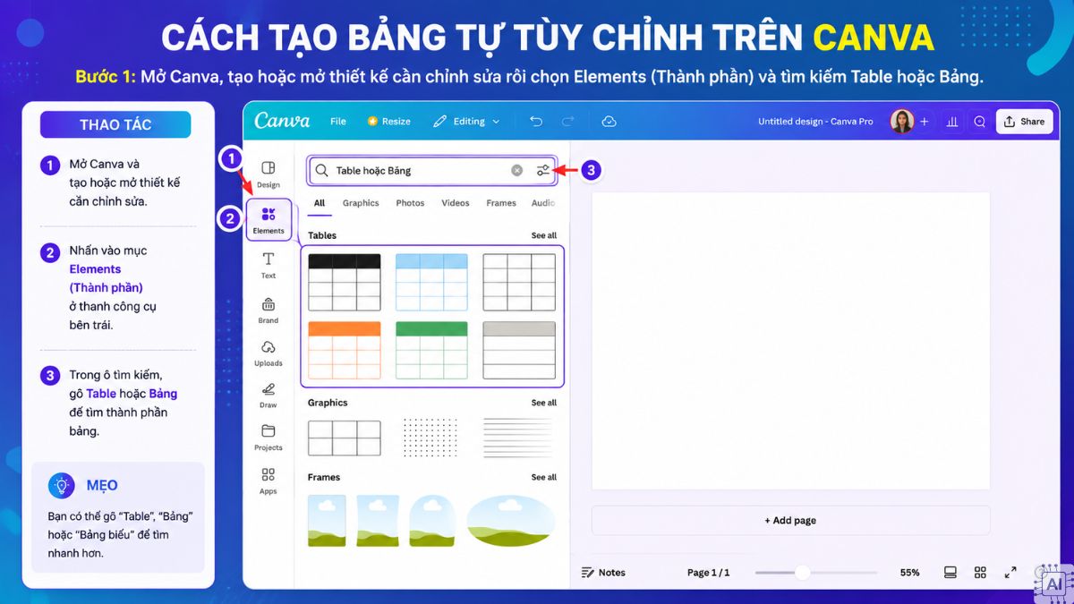 Cách tạo bảng tự tùy chỉnh trên Canva - bước 1