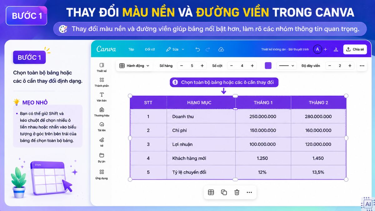 Cách thay đổi màu sắc và viền bảng trong canva - bước 1
