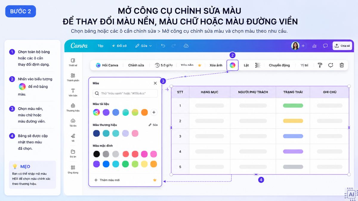 Cách thay đổi màu sắc và viền bảng trong canva - bước 2