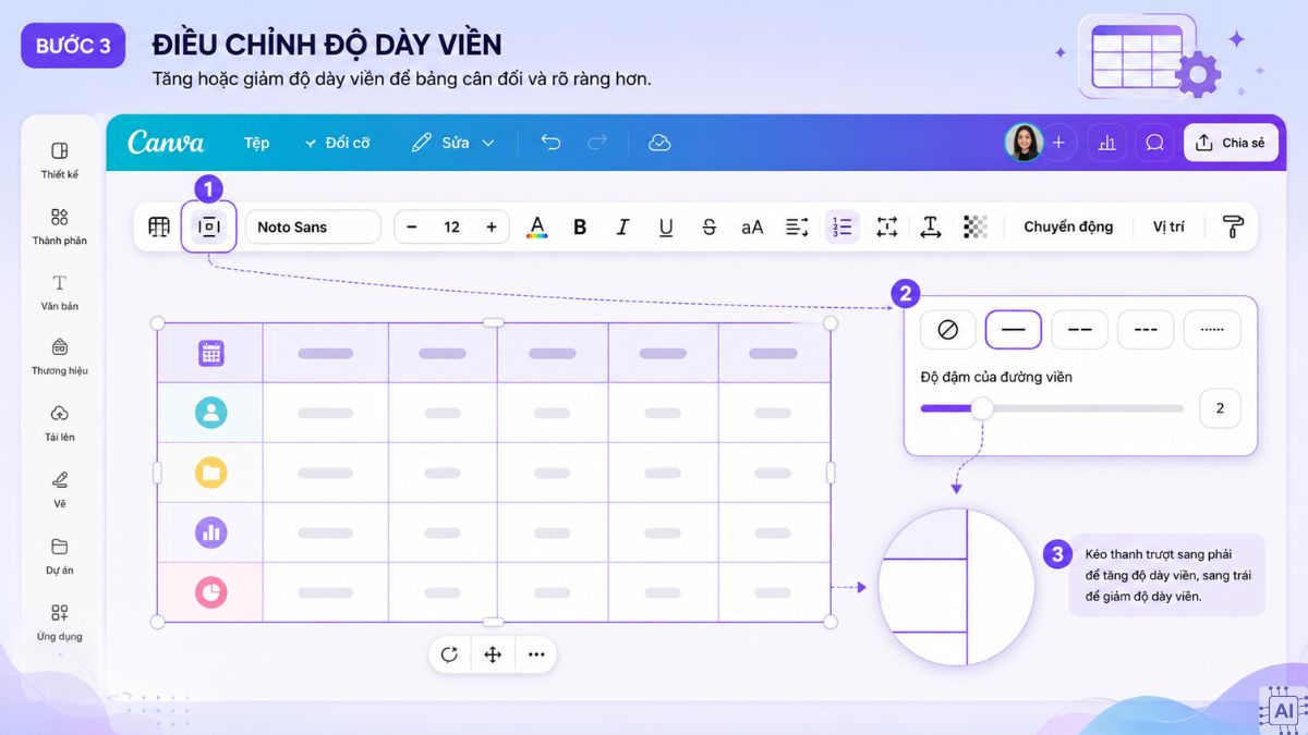 Cách thay đổi màu sắc và viền bảng trong canva - bước 3