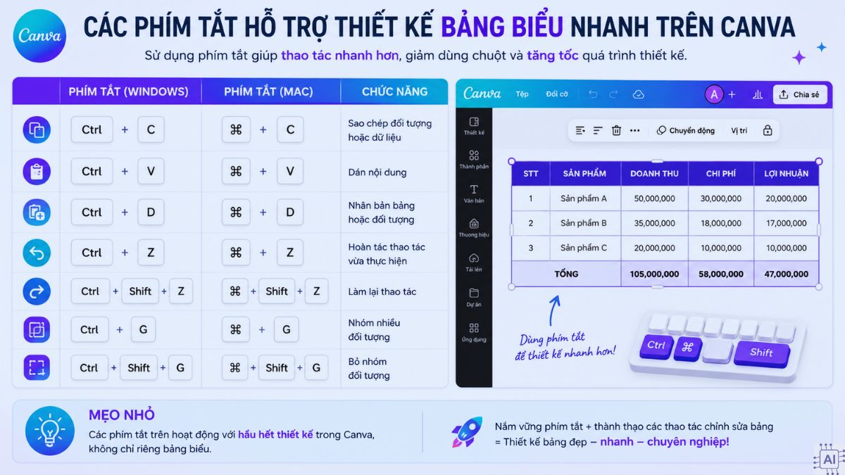 Các phím tắt hỗ trợ thiết kế bảng biểu nhanh trên Canva