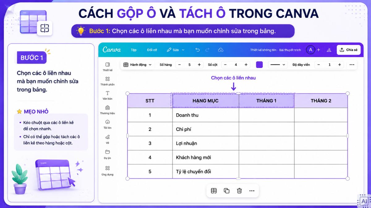 Cách gộp ô và tách ô trong Canva - bước 1