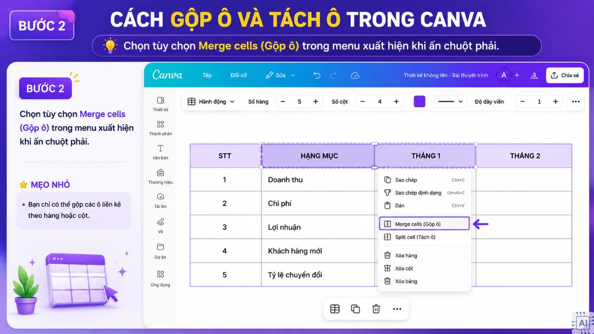 Cách gộp ô và tách ô trong Canva - bước 2