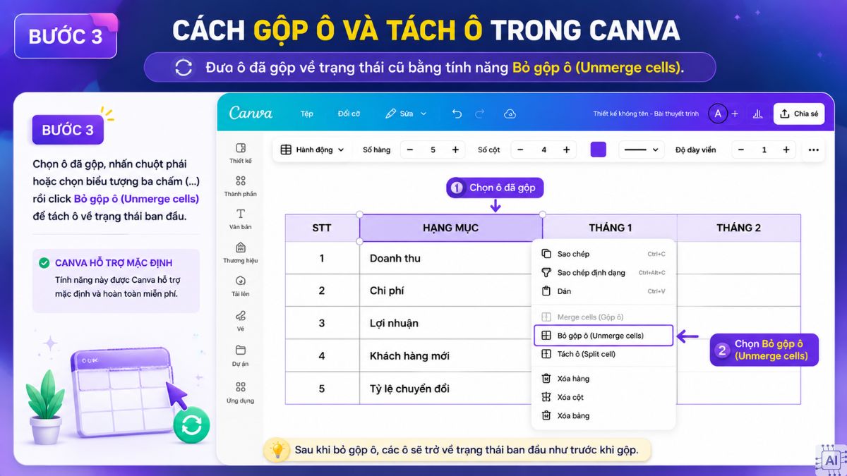 Cách gộp ô và tách ô trong Canva - bước 3