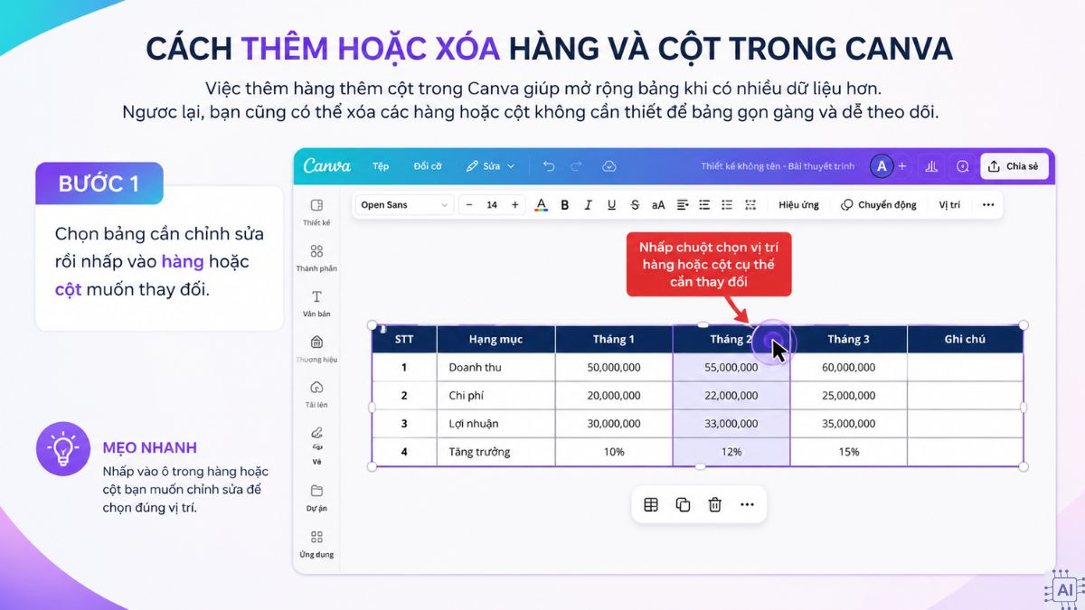 Cách thêm hoặc xóa hàng và cột trong canva - bước 1