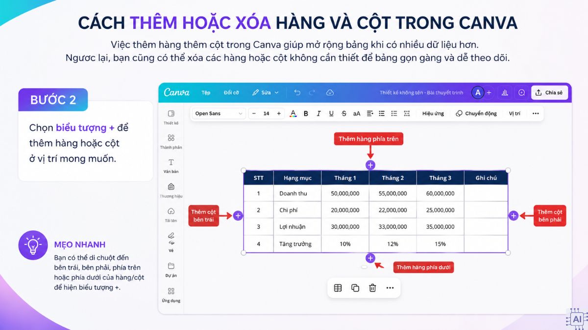 Cách thêm hoặc xóa hàng và cột trong canva - bước 2