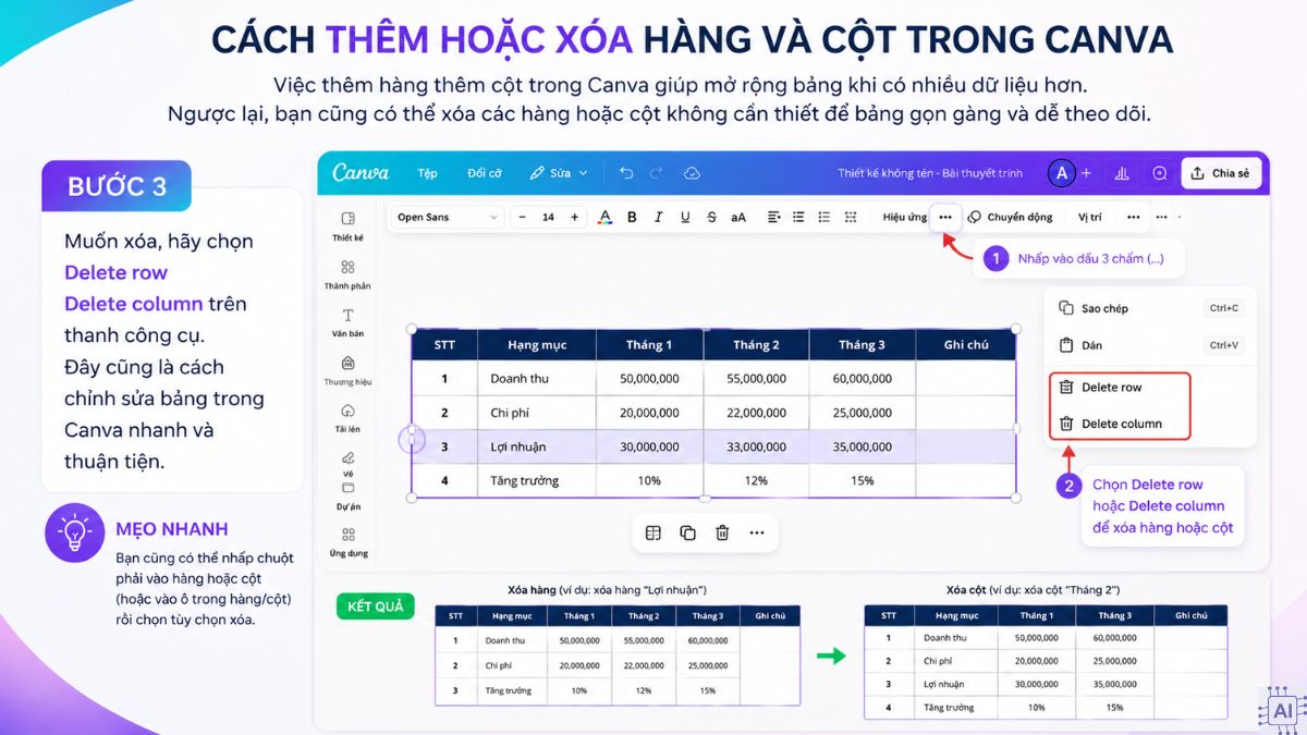 Cách thêm hoặc xóa hàng và cột trong canva - bước 3