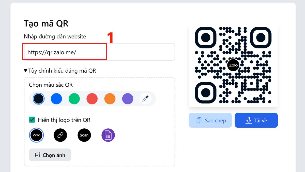 Tạo mã QR Zalo bằng website Zalo QR - bước 2