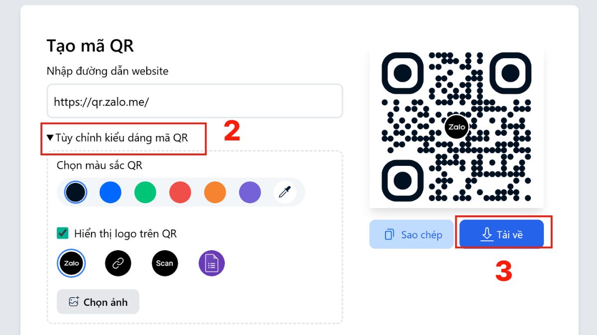 Tạo mã QR Zalo bằng website Zalo QR - bước 3