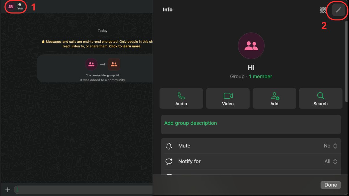 Cách quản lý nhóm trên WhatsApp - chỉnh sửa tên nhóm và ảnh đại diện - bước 1,2