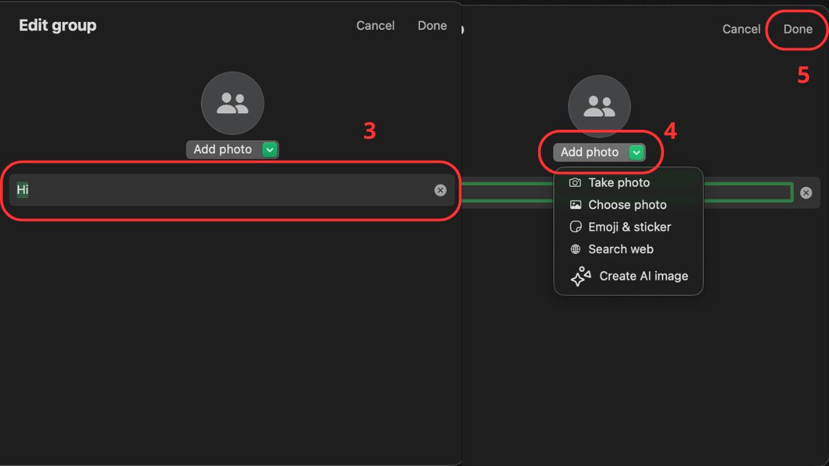 Cách quản lý nhóm trên WhatsApp - chỉnh sửa tên nhóm và ảnh đại diện - bước 3,4,5