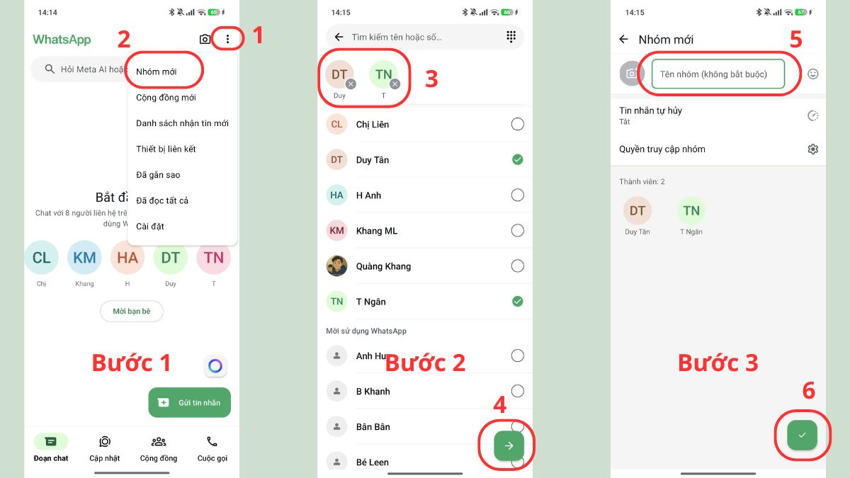 Cách tạo nhóm trên WhatsApp trên điện thoại android - bước 1,2,3