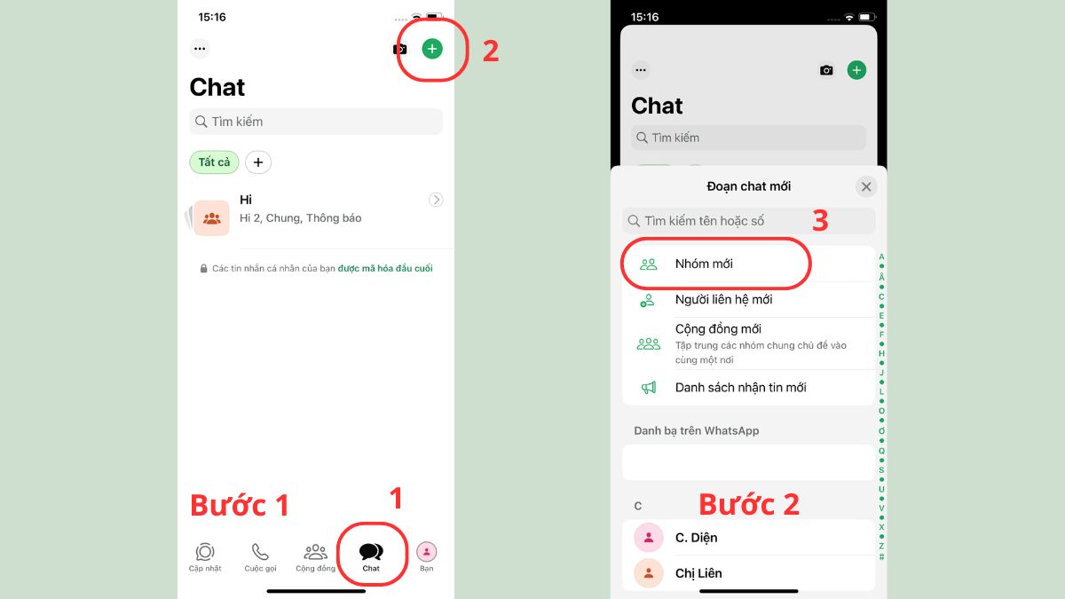 Cách tạo nhóm trên WhatsApp trên điện thoại ios - bước 1