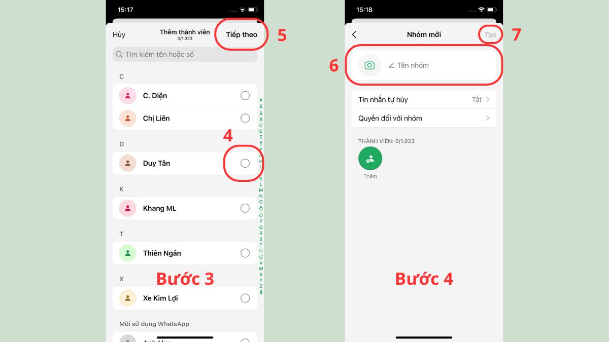 Cách tạo nhóm trên WhatsApp trên điện thoại ios - bước 2,3,4