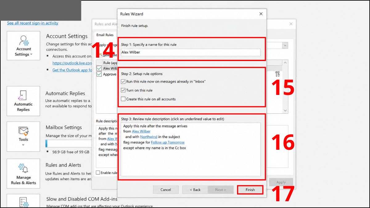 Cách tạo rule trong outlook nâng cao từ Rules Wizard - bước 5