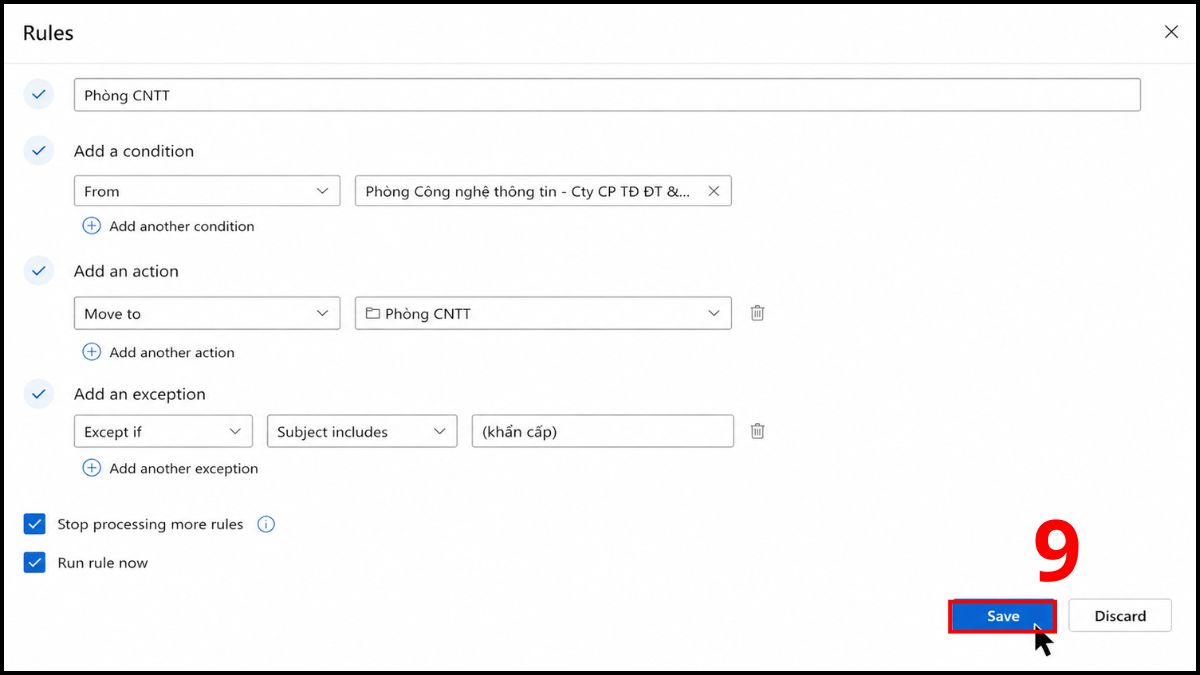 Hướng dẫn tạo rule trong Outlook web - bước 3