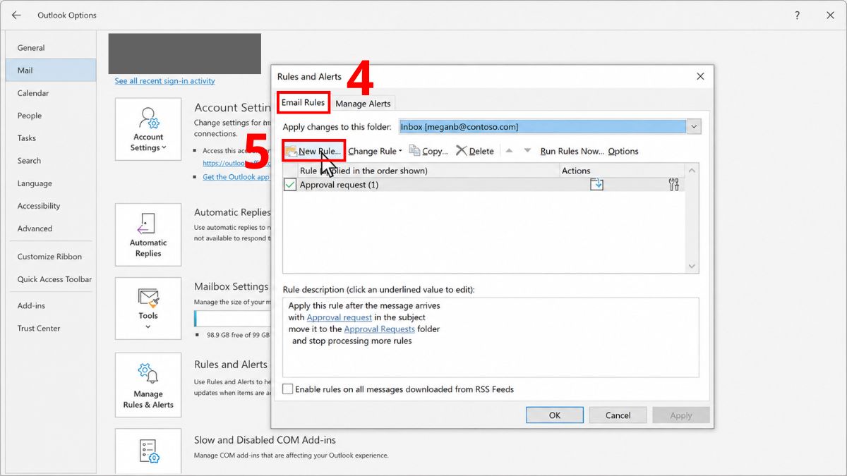 Cách tạo rule trong Outlook theo đuôi email - bước 1.2