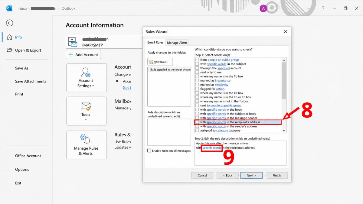 Cách tạo rule trong Outlook theo đuôi email - bước 2