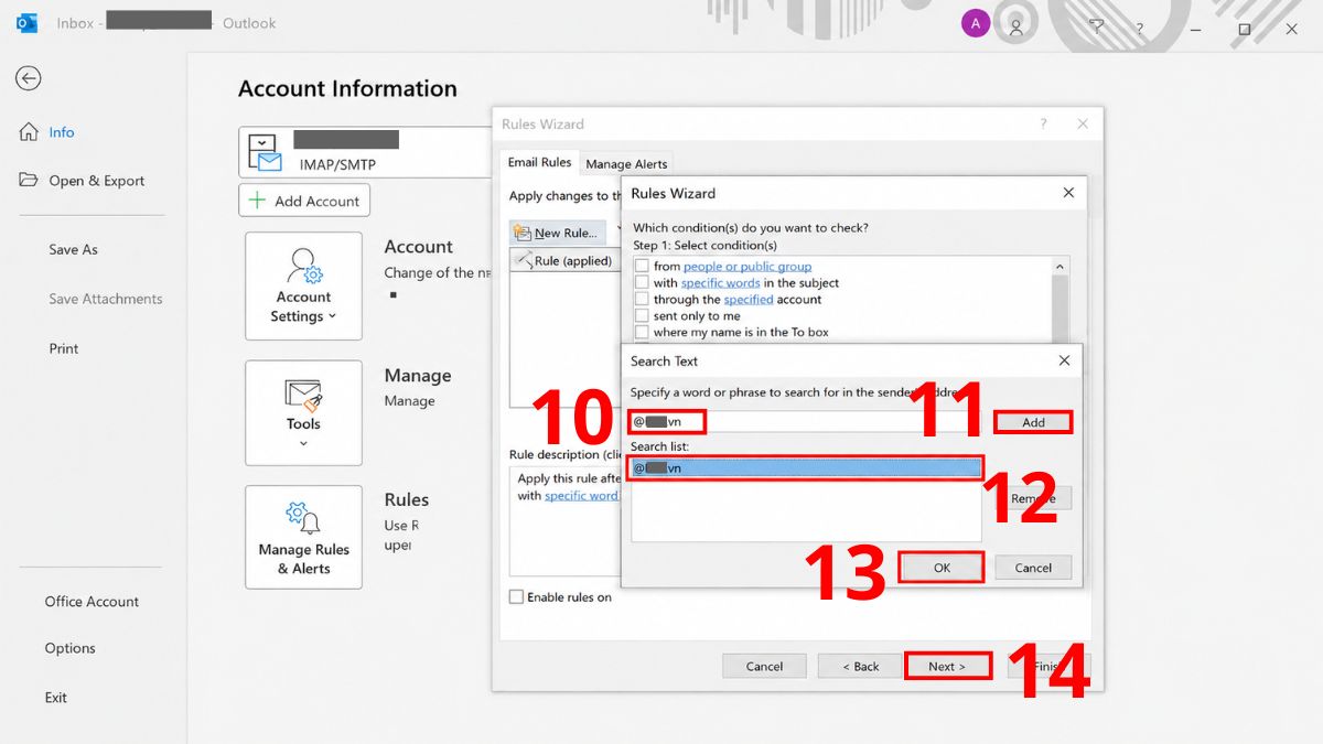 Cách tạo rule trong Outlook theo đuôi email - bước 2.2