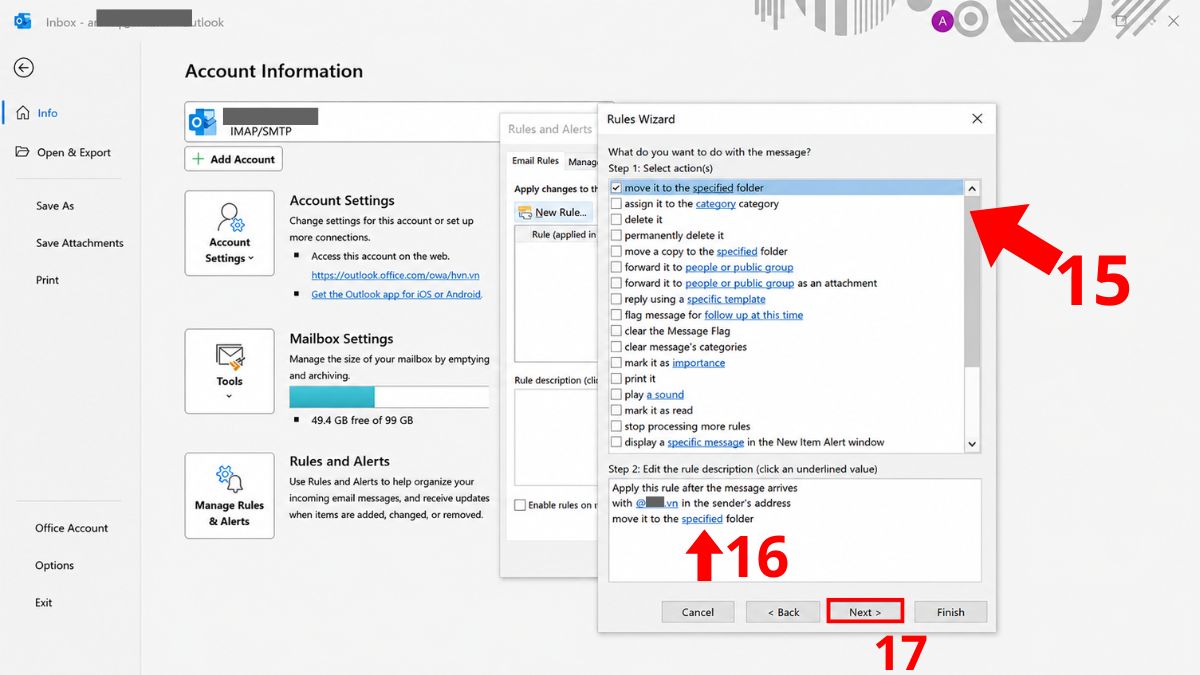 Cách tạo rule trong Outlook theo đuôi email - bước 3