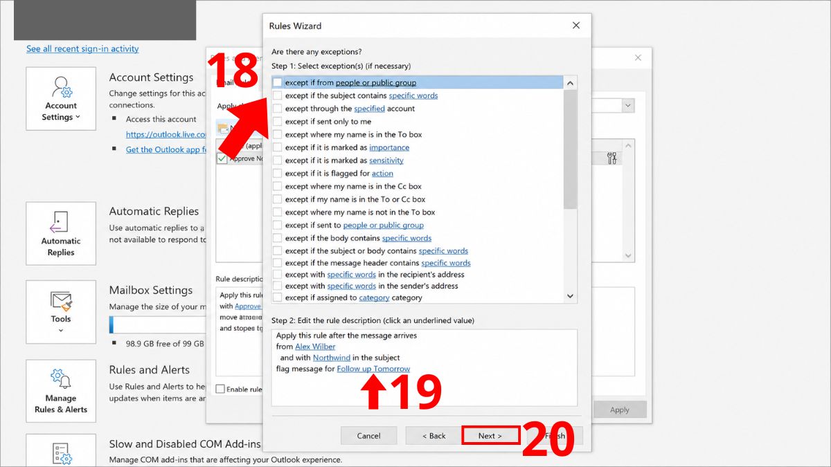 Cách tạo rule trong Outlook theo đuôi email - bước 4