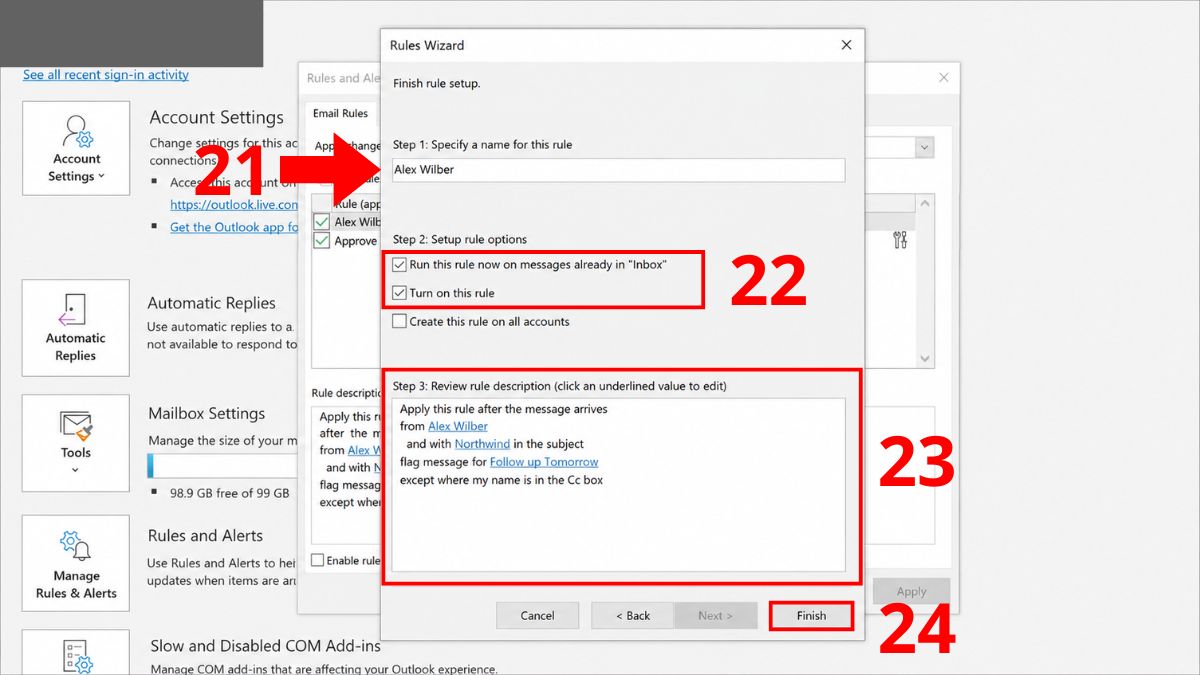 Cách tạo rule trong Outlook theo đuôi email - bước 5