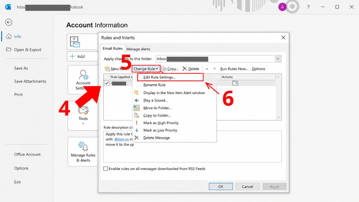 Cách chỉnh sửa rule hiện có trong Outlook - bước 2,3
