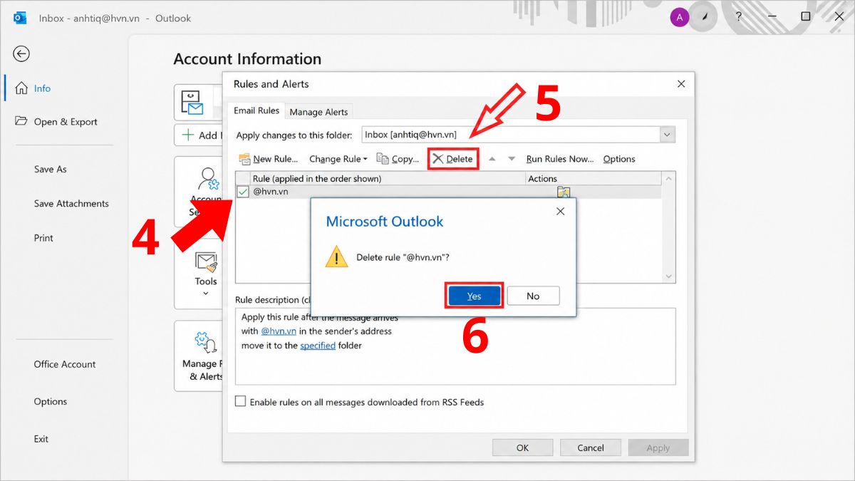 Cách xóa rule trong Outlook - bước 2,3