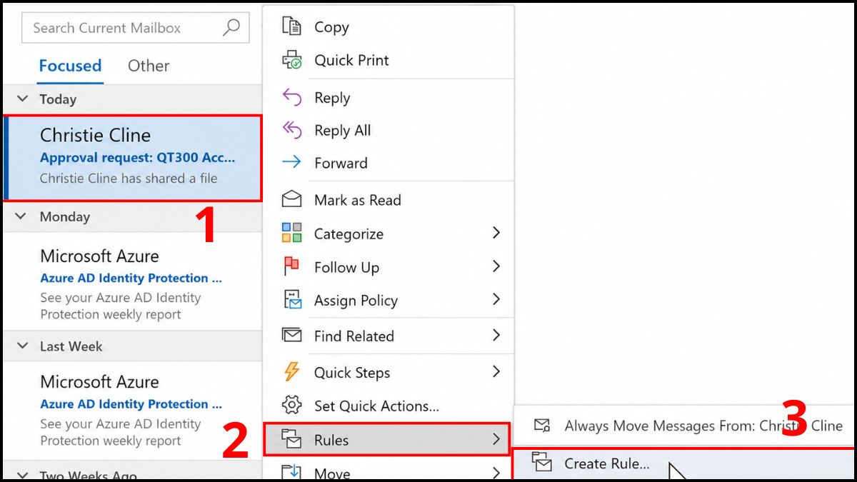 Cách tạo rule trong outlook nhanh từ email có sẵn