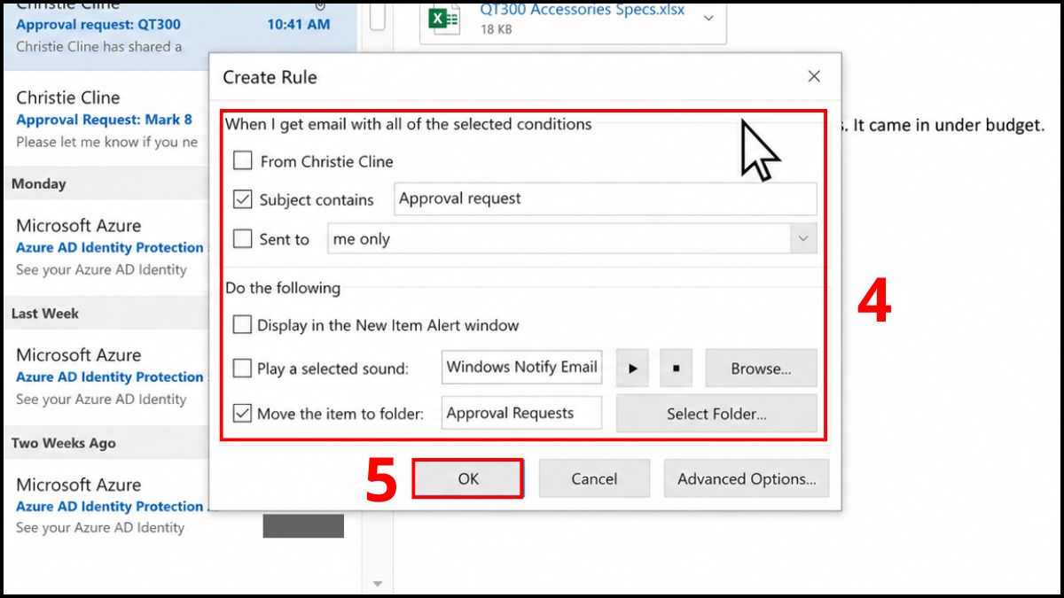 Cách tạo rule trong outlook nhanh từ email có sẵn - bước 4,5 