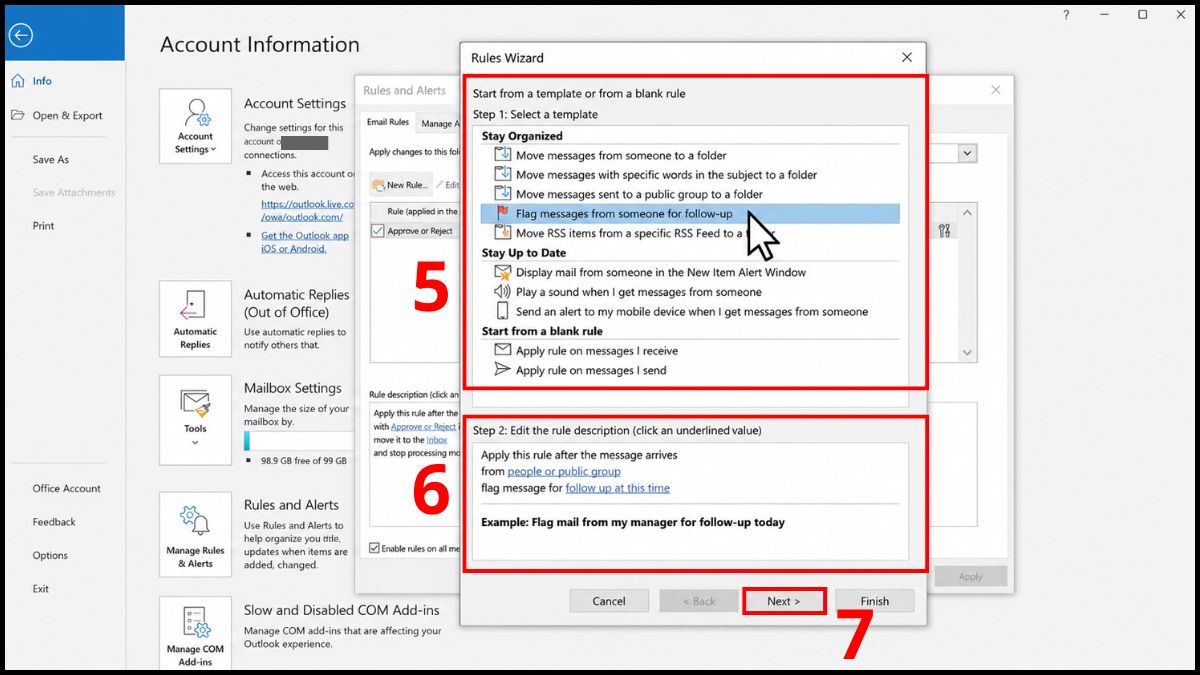 Cách tạo rule trong outlook nâng cao từ Rules Wizard - bước 2 