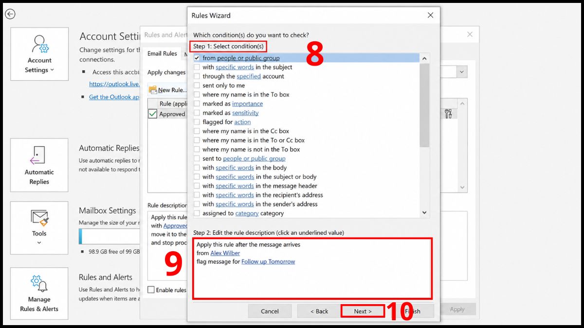 Cách tạo rule trong outlook nâng cao từ Rules Wizard - bước 33