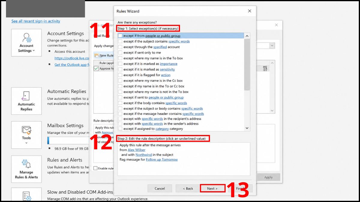 Cách tạo rule trong outlook nâng cao từ Rules Wizard - bước 4